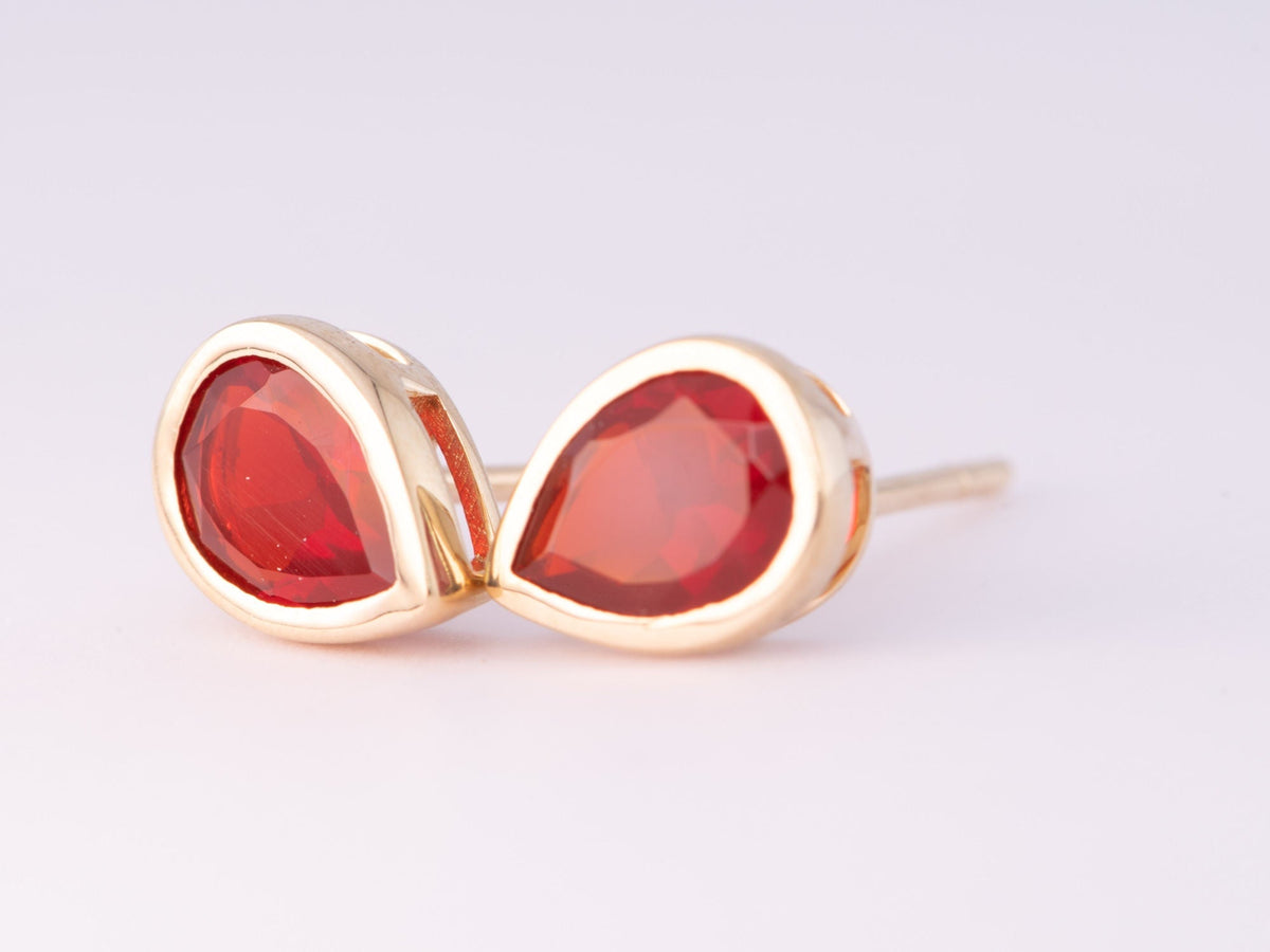 Mexican Fire Opal Bezel Set Ear Studs 14K Gold R3191 Aurora Designer