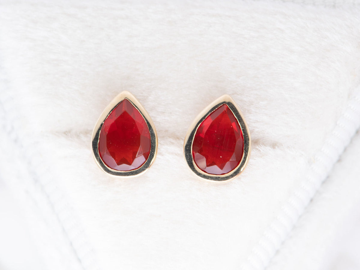 Mexican Fire Opal Bezel Set Ear Studs 14K Gold R3191 Aurora Designer