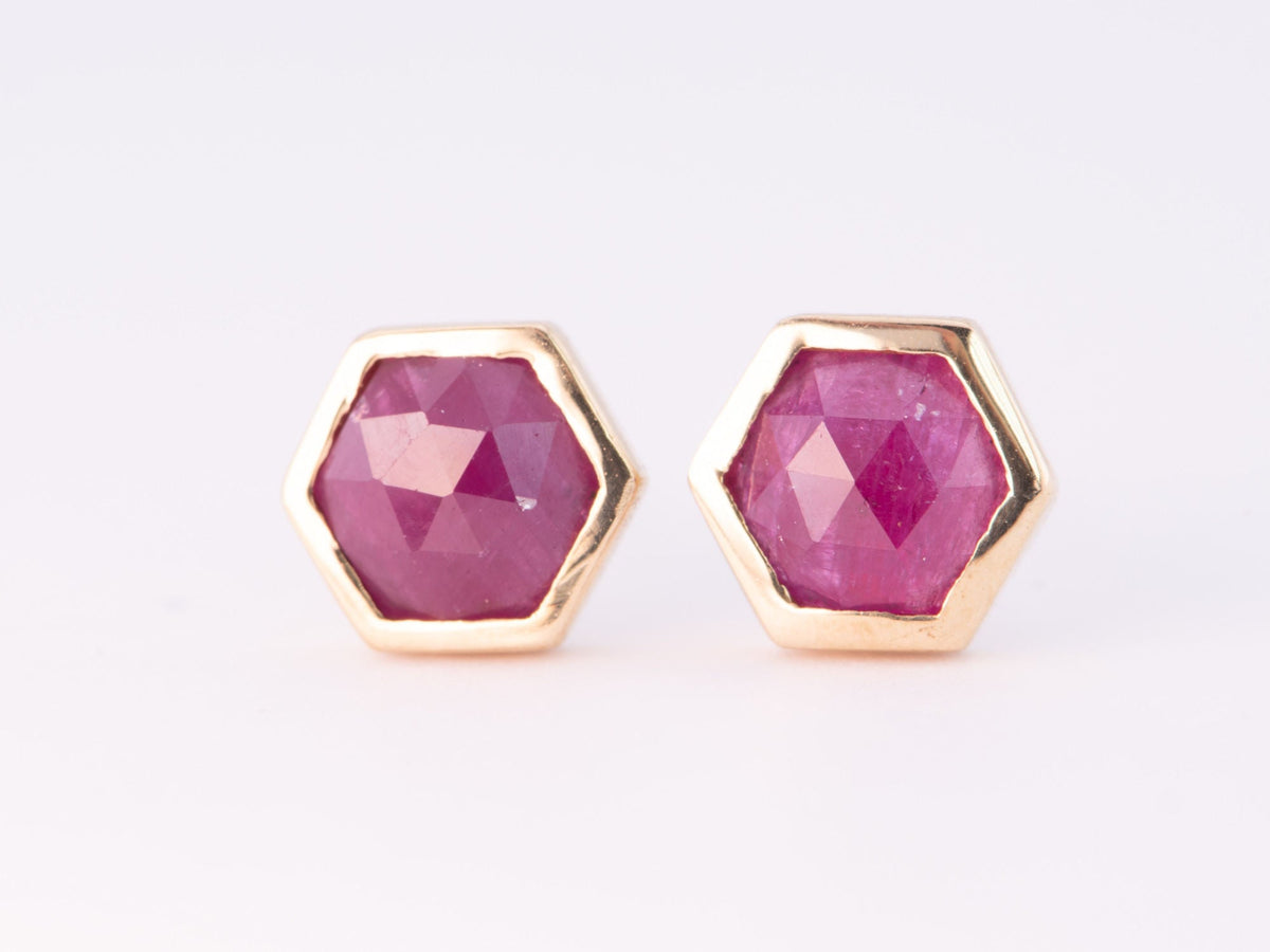 Hexagon Shape Ruby Bezel Set Ear Studs 14K Gold R3192 Aurora Designer