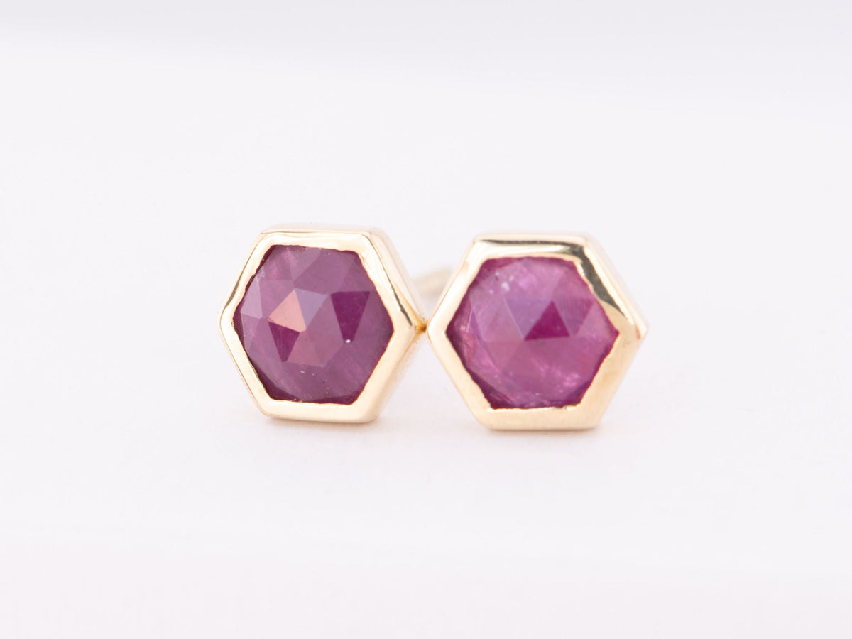 Hexagon Shape Ruby Bezel Set Ear Studs 14K Gold R3192 Aurora Designer