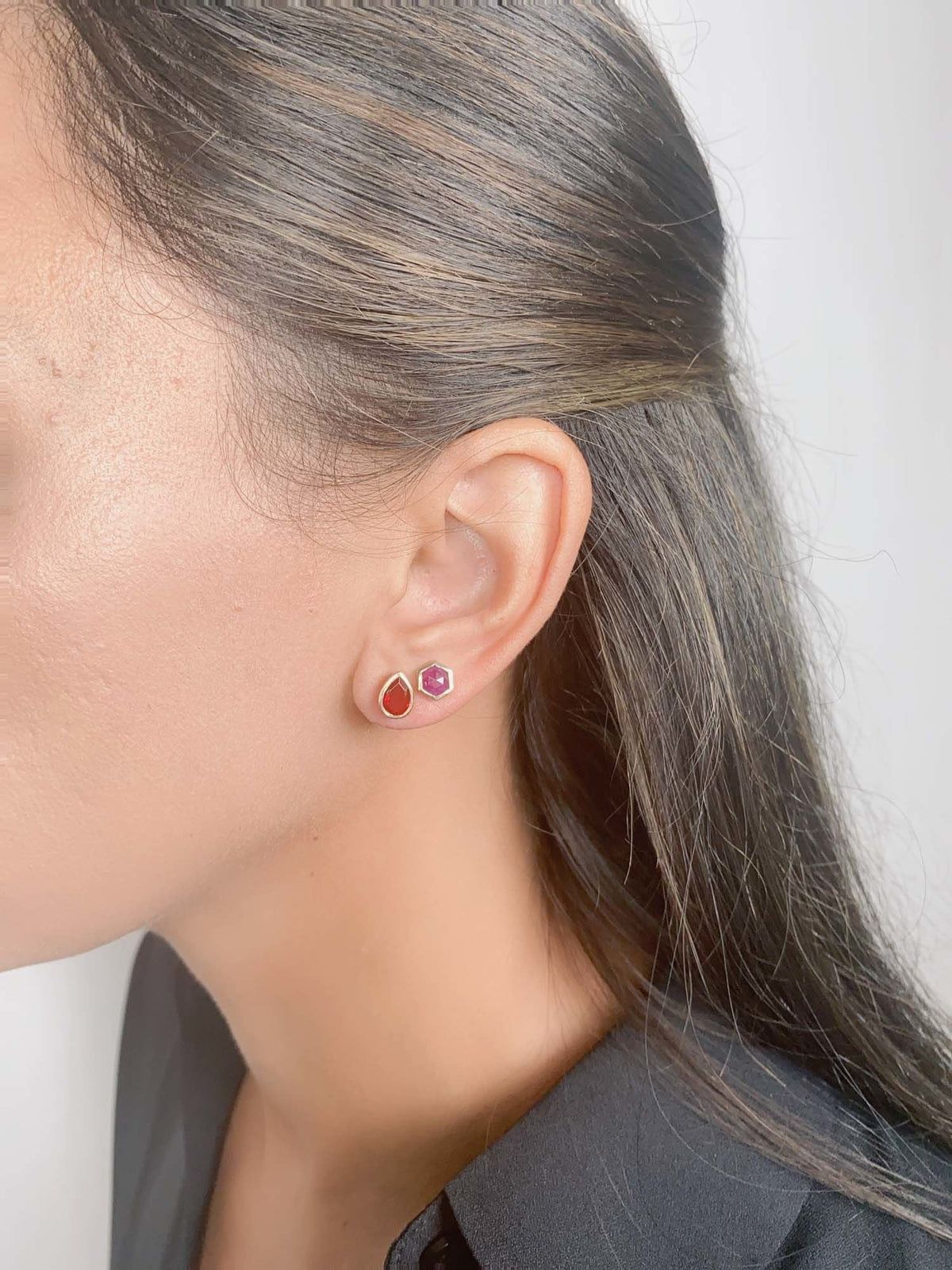Hexagon Shape Ruby Bezel Set Ear Studs 14K Gold R3192 Aurora Designer