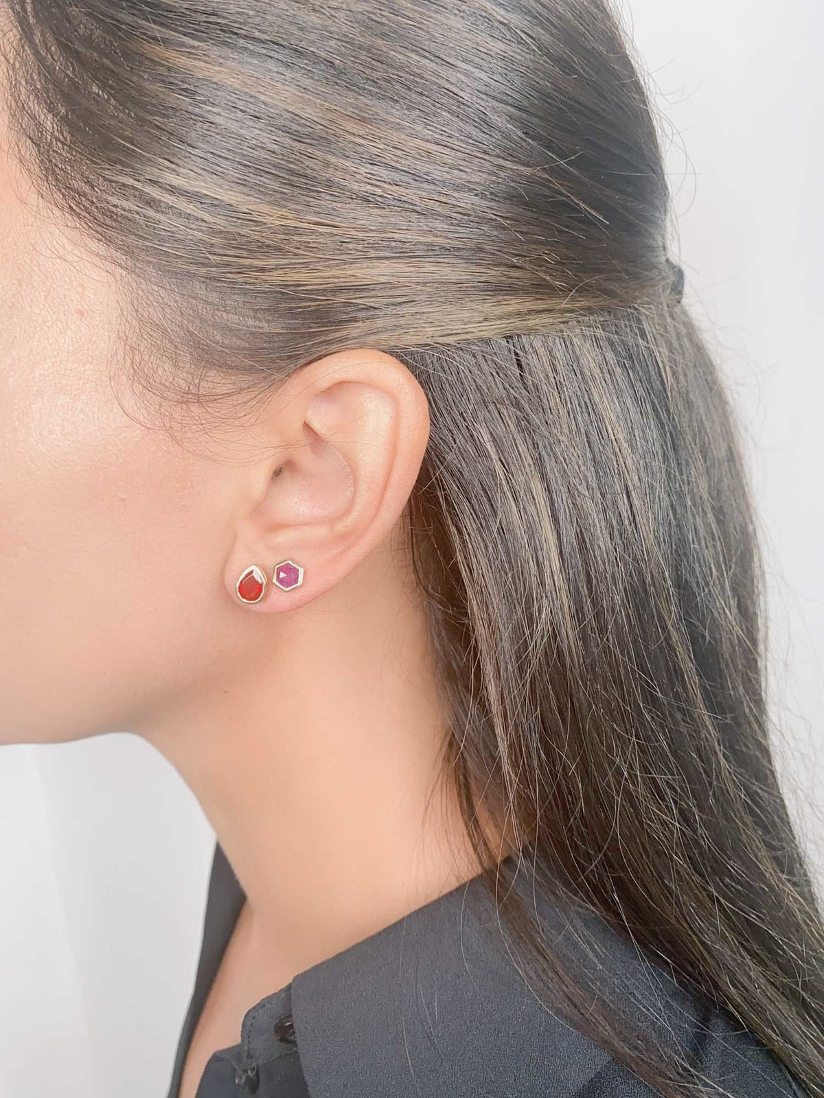 Hexagon Shape Ruby Bezel Set Ear Studs 14K Gold R3192 Aurora Designer