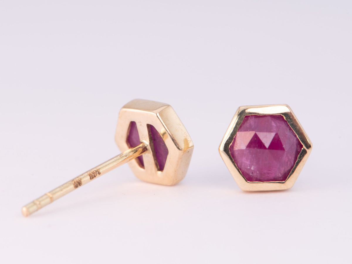 Hexagon Shape Ruby Bezel Set Ear Studs 14K Gold R3192 Aurora Designer