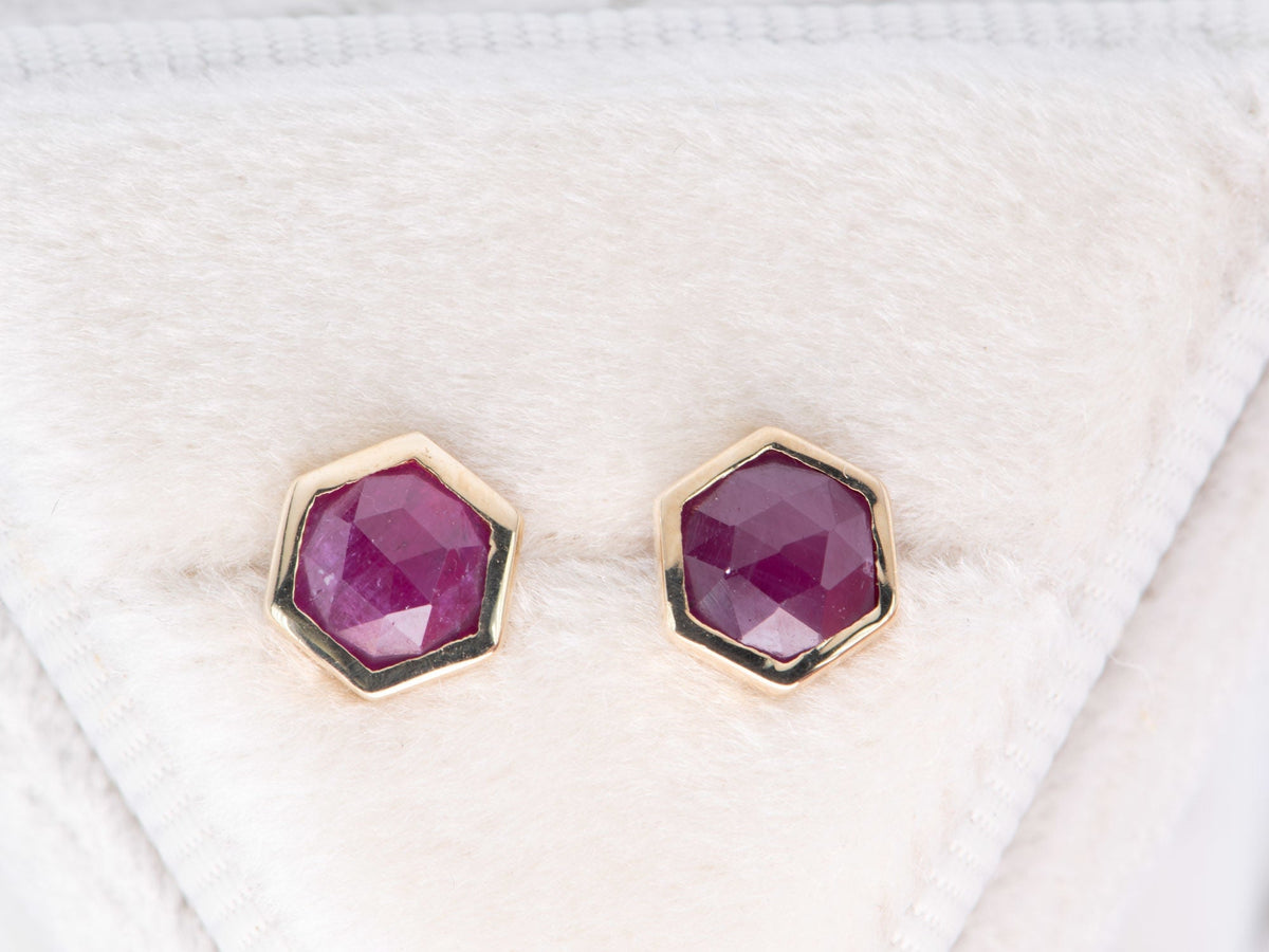 Hexagon Shape Ruby Bezel Set Ear Studs 14K Gold R3192 Aurora Designer