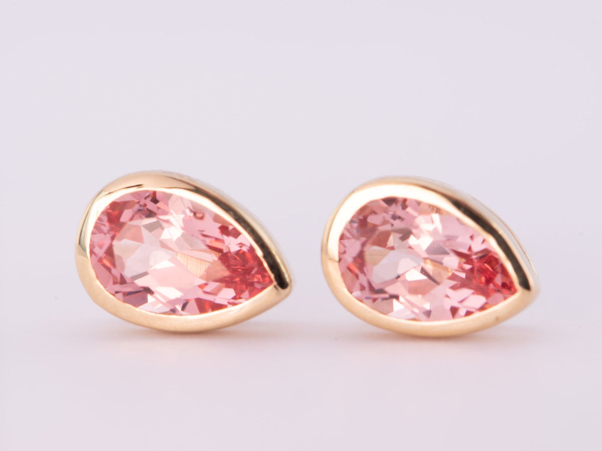 Lab Created Padparadscha Sapphire Bezel Set Ear Studs 14K Gold R3193 Aurora Designer