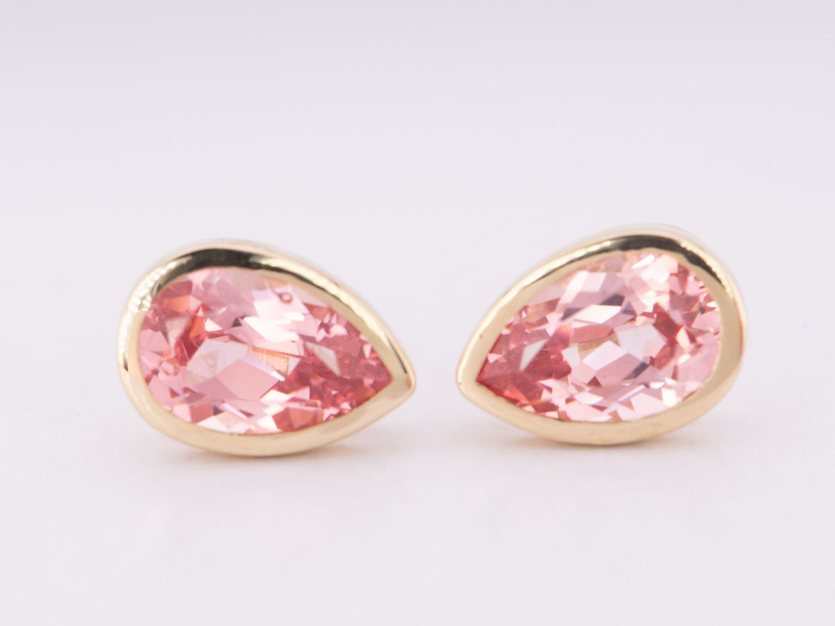 Lab Created Padparadscha Sapphire Bezel Set Ear Studs 14K Gold R3193 Aurora Designer