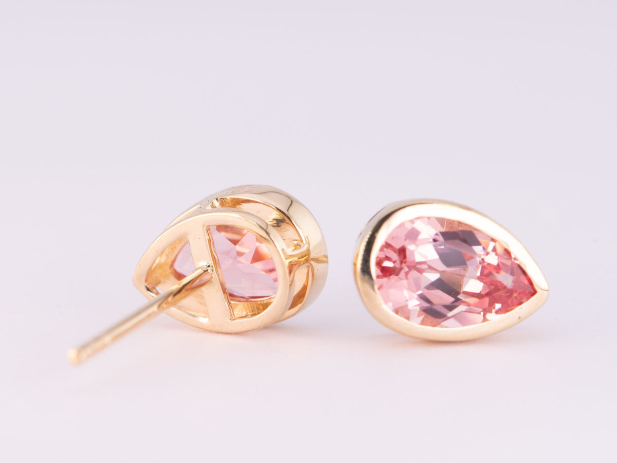 Lab Created Padparadscha Sapphire Bezel Set Ear Studs 14K Gold R3193 Aurora Designer