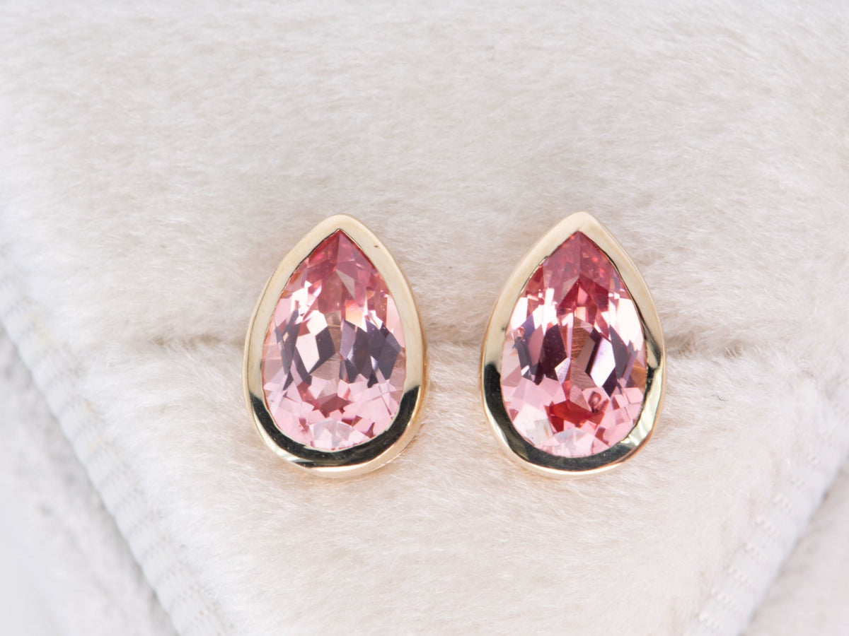 Lab Created Padparadscha Sapphire Bezel Set Ear Studs 14K Gold R3193 Aurora Designer
