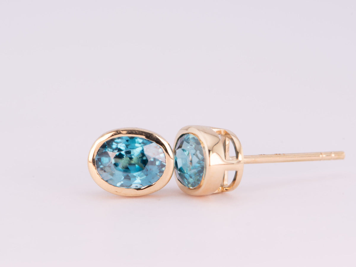 Natural Blue Zircon Bezel Set Ear Studs 14K Gold R3199 Aurora Designer