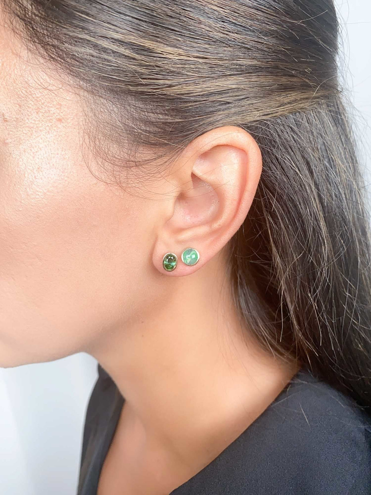 Natural Blue Zircon Bezel Set Ear Studs 14K Gold R3199 Aurora Designer
