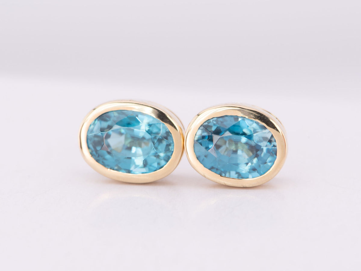 Natural Blue Zircon Bezel Set Ear Studs 14K Gold R3199 Aurora Designer