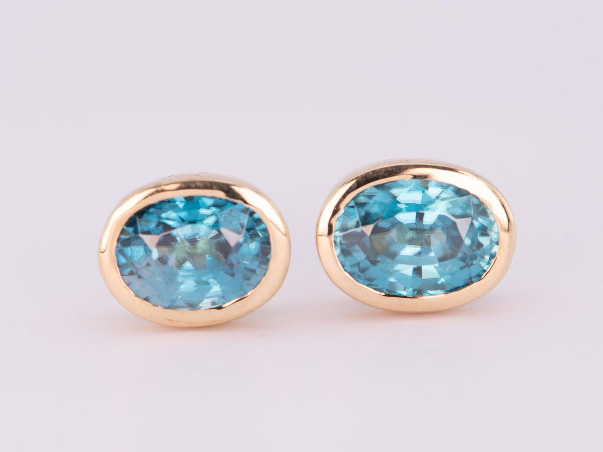 Natural Blue Zircon Bezel Set Ear Studs 14K Gold R3199 Aurora Designer
