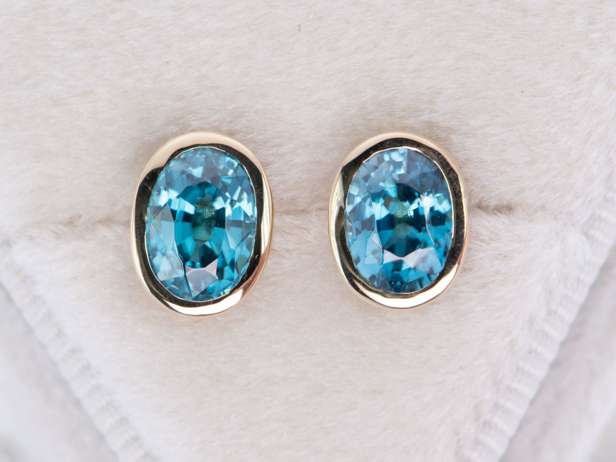 Natural Blue Zircon Bezel Set Ear Studs 14K Gold R3199 Aurora Designer