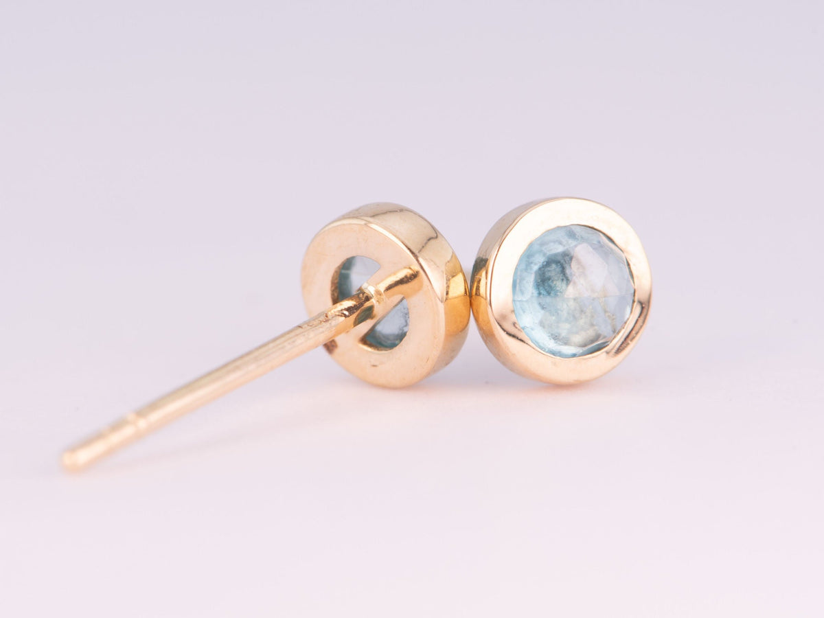 Natural Rose Cut Blue Zircon Bezel Set Ear Studs 14K Gold R3200 Aurora Designer