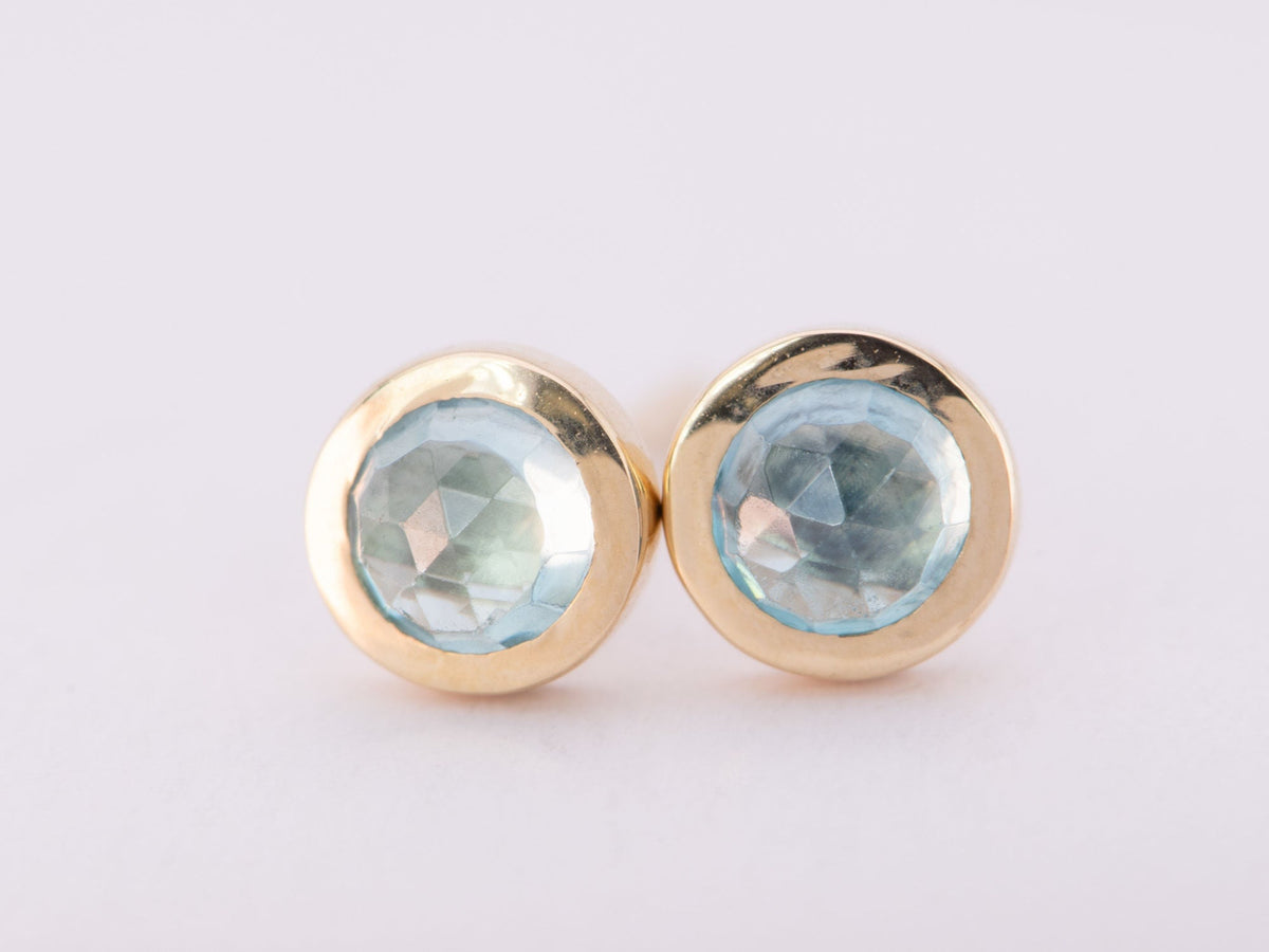 Natural Rose Cut Blue Zircon Bezel Set Ear Studs 14K Gold R3200 Aurora Designer
