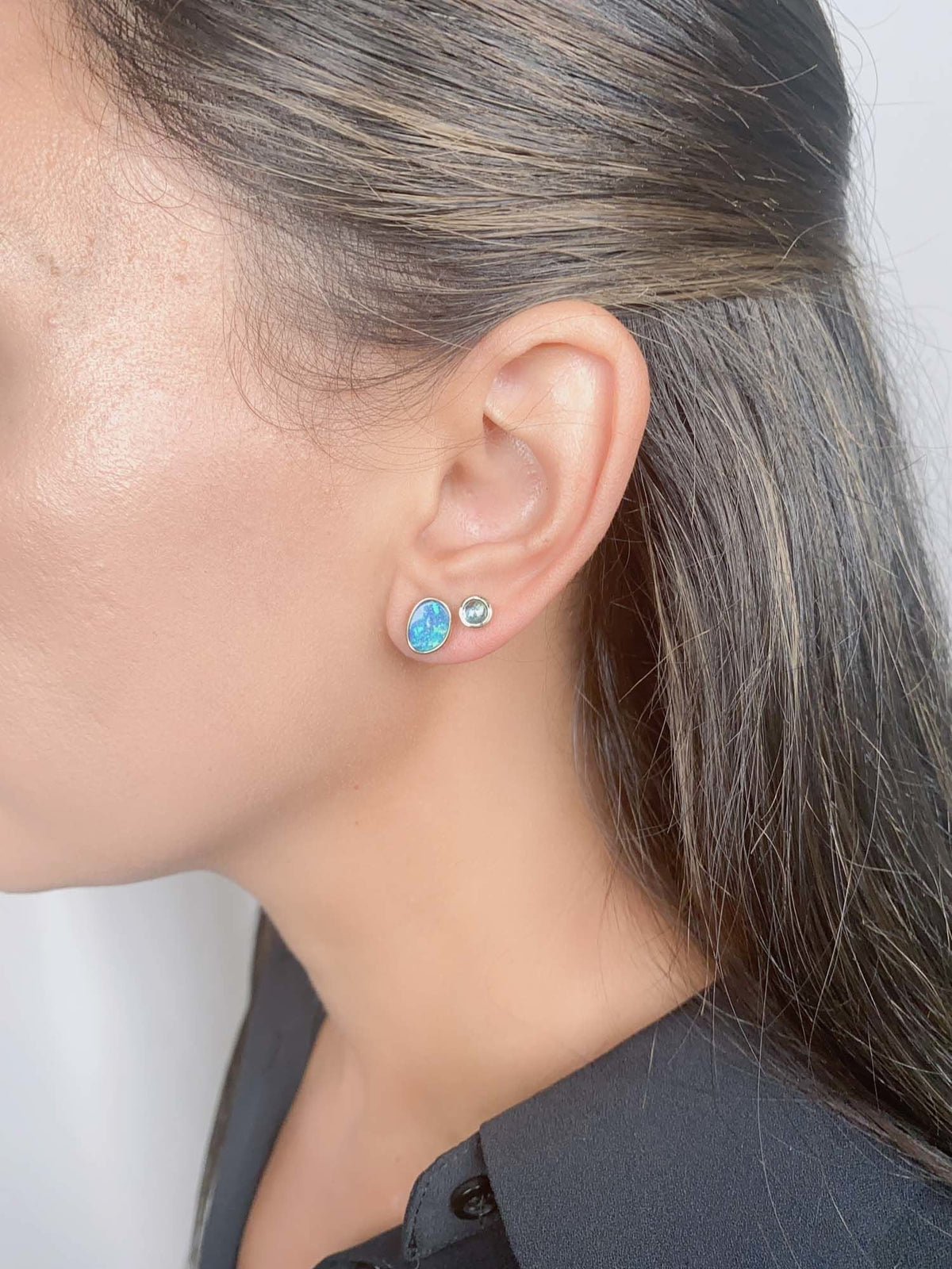Natural Rose Cut Blue Zircon Bezel Set Ear Studs 14K Gold R3200 Aurora Designer