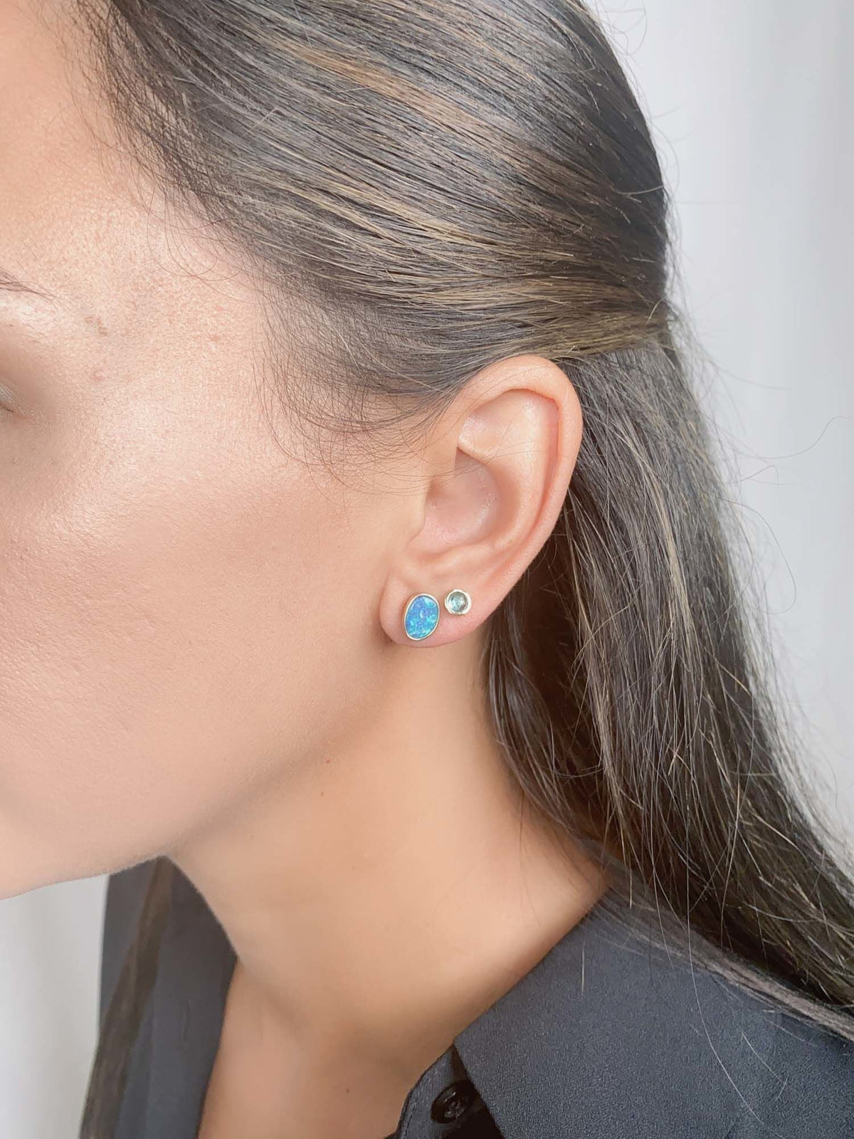 Natural Rose Cut Blue Zircon Bezel Set Ear Studs 14K Gold R3200 Aurora Designer