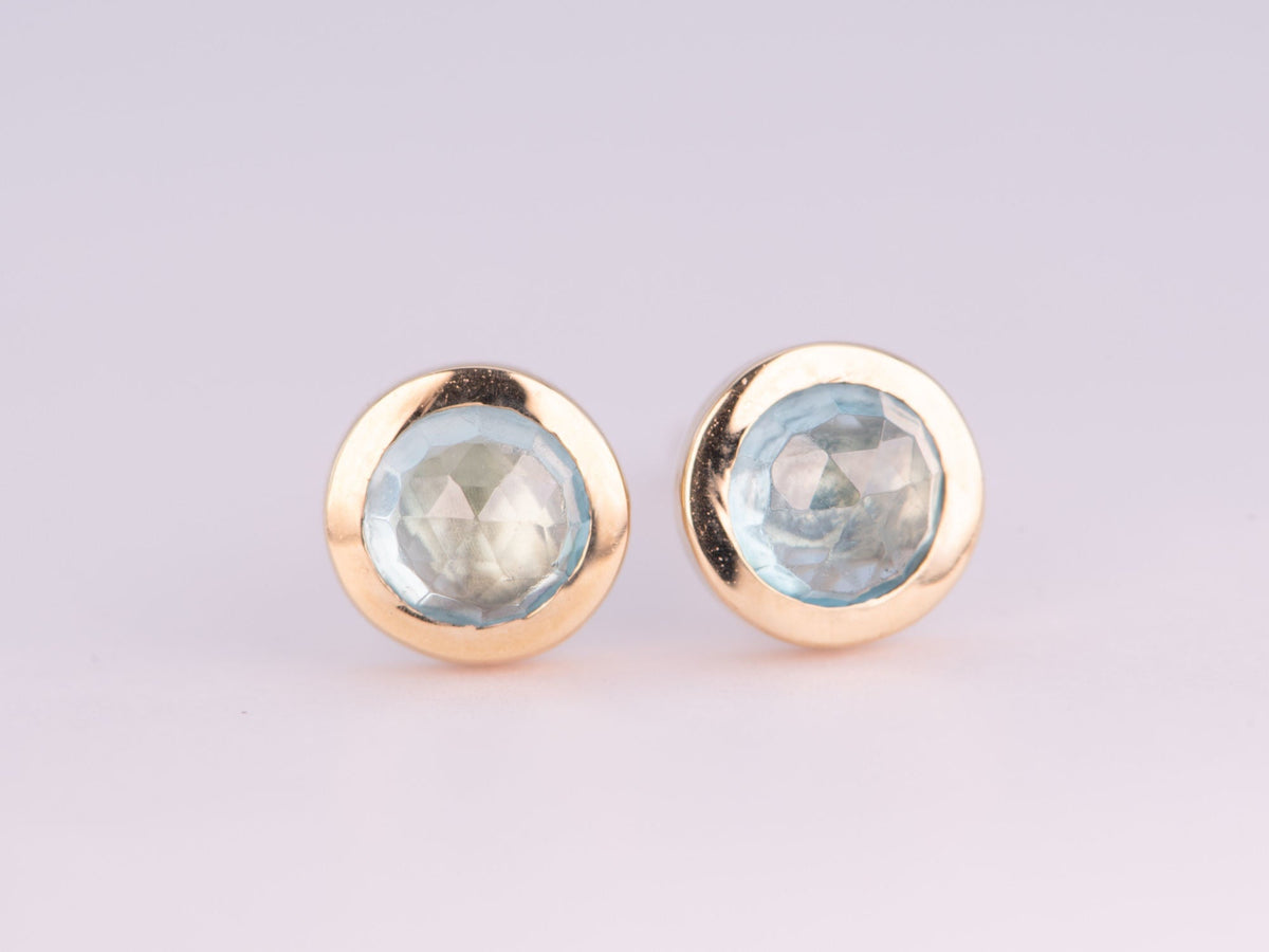 Natural Rose Cut Blue Zircon Bezel Set Ear Studs 14K Gold R3200 Aurora Designer