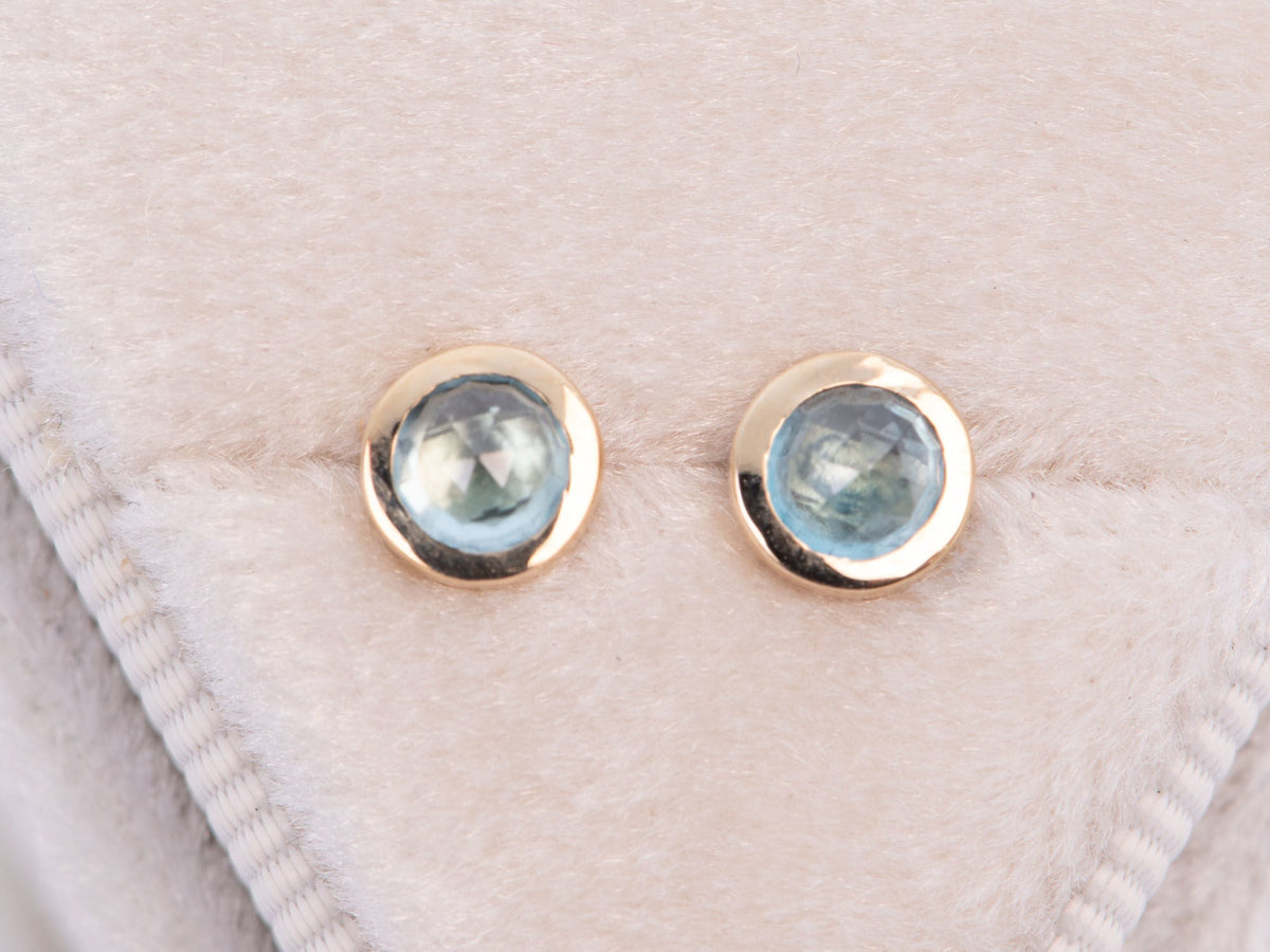 Natural Rose Cut Blue Zircon Bezel Set Ear Studs 14K Gold R3200 Aurora Designer