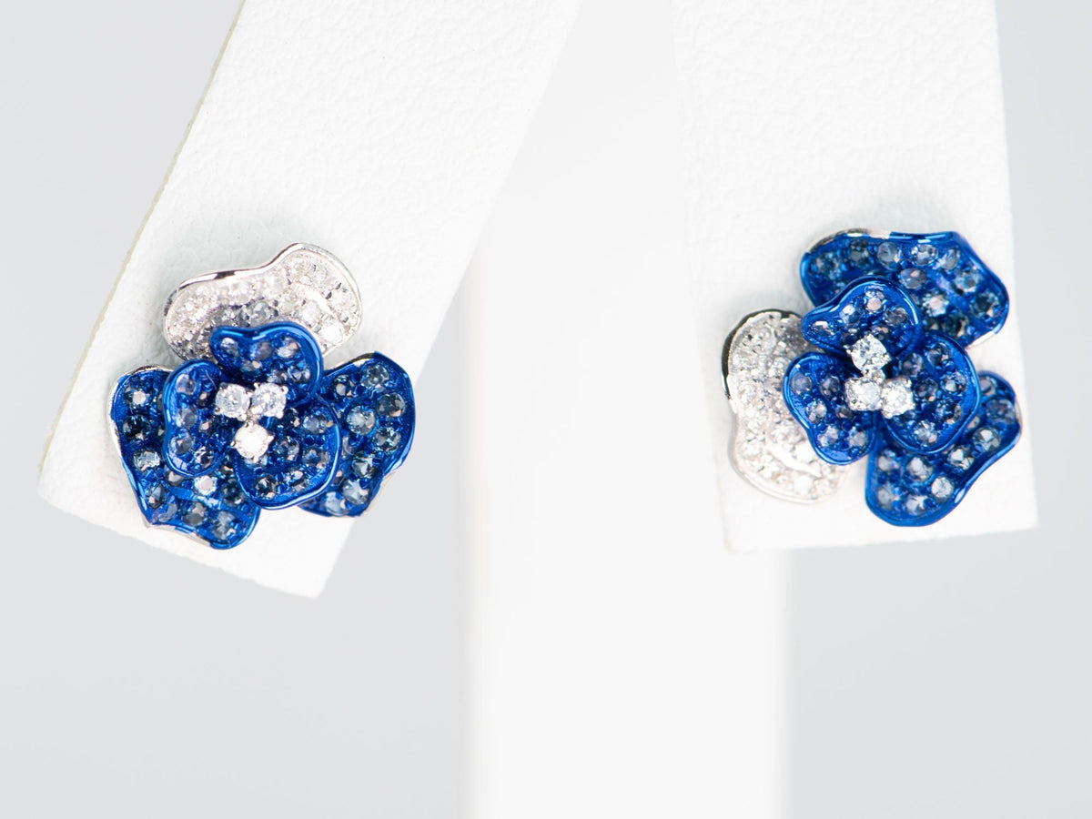 18K Gold Floral Earrings Diamond Pave Light Weight R3211 Aurora Designer