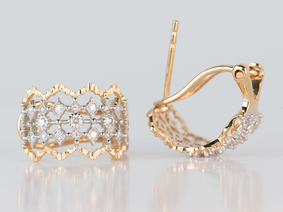 18K Gold Dual Tone Textured Huggie Earrings with Diamonds R3214 Aurora Designer