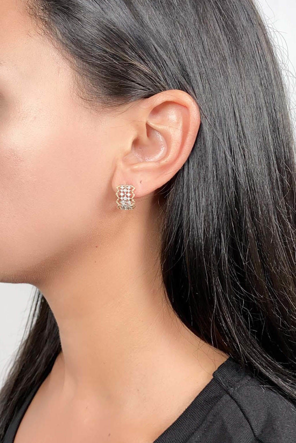 18K Gold Dual Tone Textured Huggie Earrings with Diamonds R3214 Aurora Designer