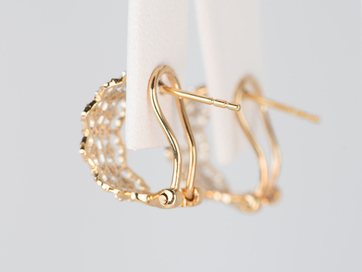18K Gold Dual Tone Textured Huggie Earrings with Diamonds R3214 Aurora Designer
