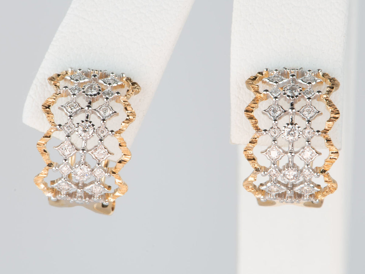 18K Gold Dual Tone Textured Huggie Earrings with Diamonds R3214 Aurora Designer