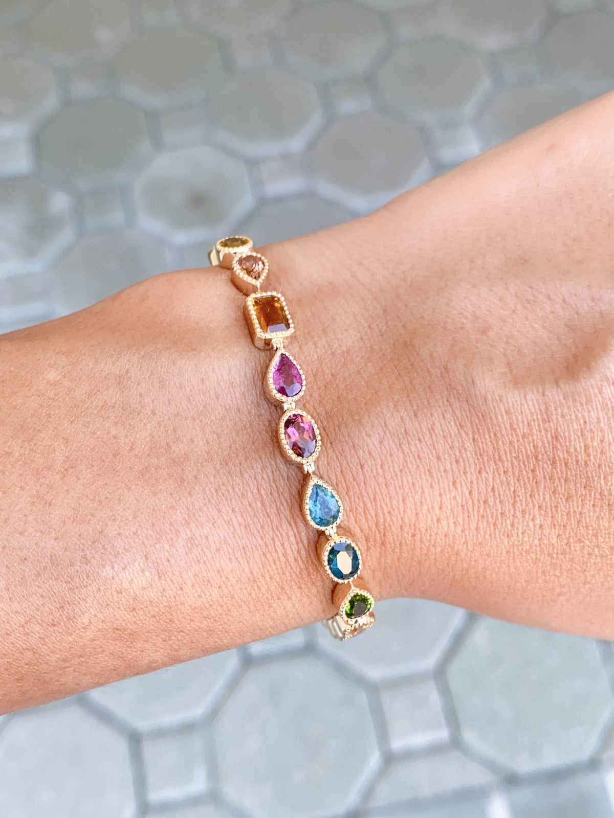 Rainbow Tourmaline Bracelet 14K Gold 7.5" R2087 Aurora Designer