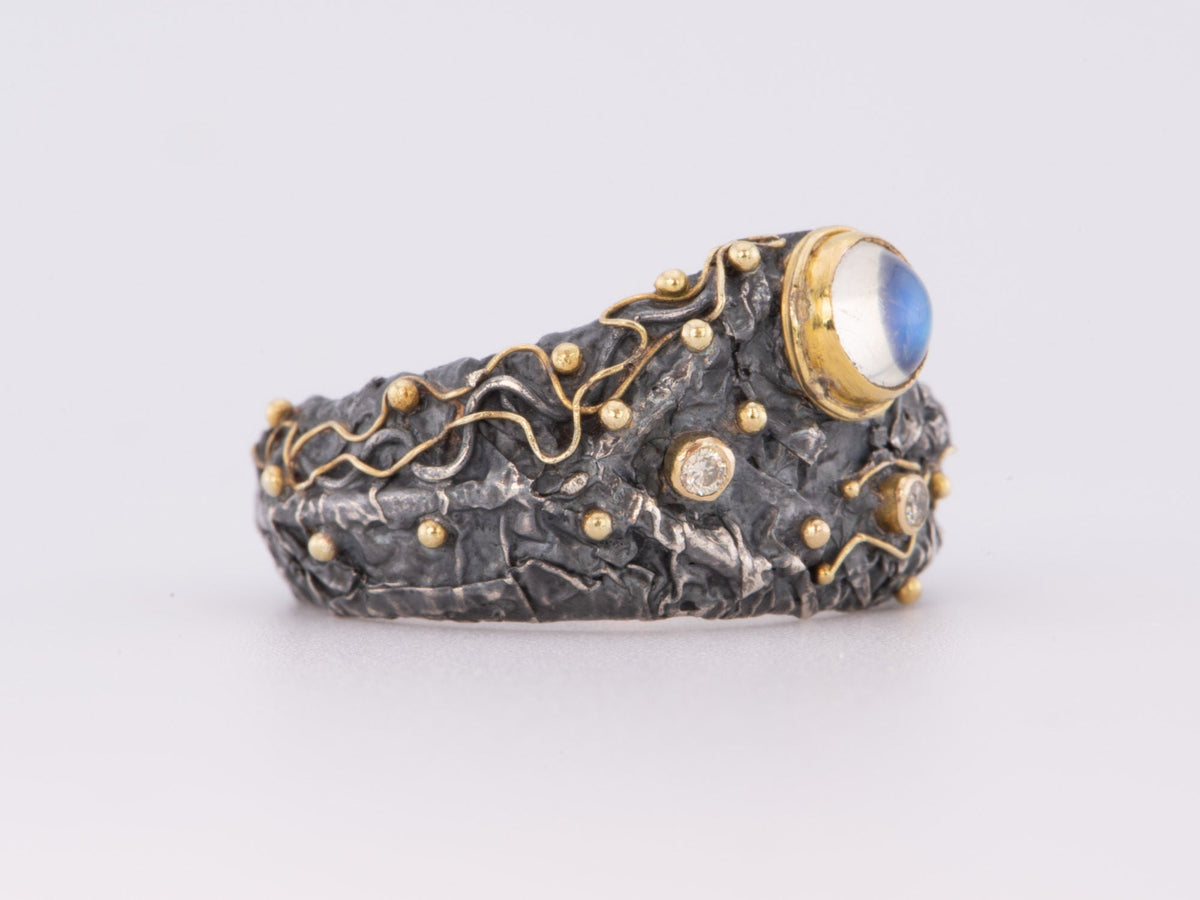 Unique Textured Wide Band Ring Moonstone Diamonds Sterling Silver 18K Gold R6645 Aurora Designer