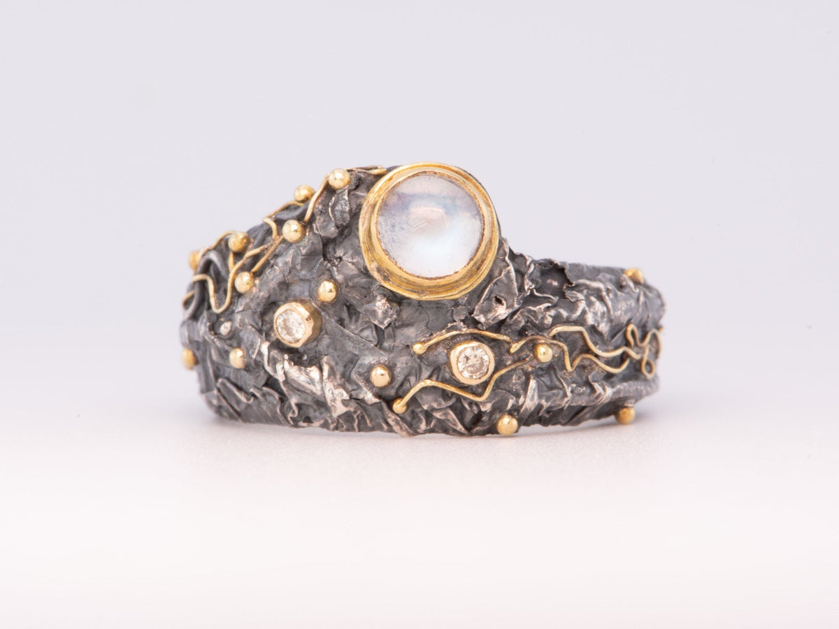 Unique Textured Wide Band Ring Moonstone Diamonds Sterling Silver 18K Gold R6645 Aurora Designer