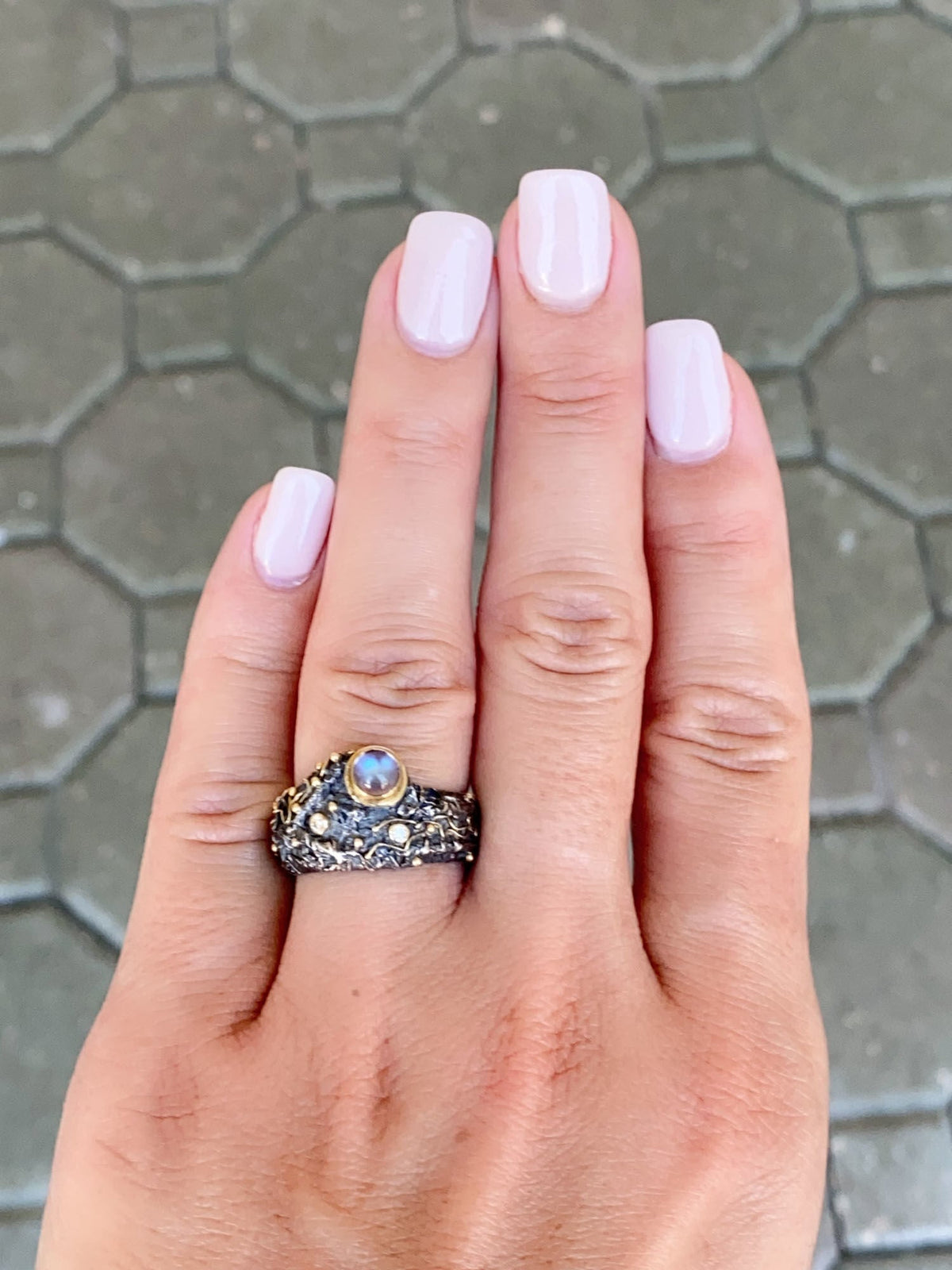 Unique Textured Wide Band Ring Moonstone Diamonds Sterling Silver 18K Gold R6645 Aurora Designer