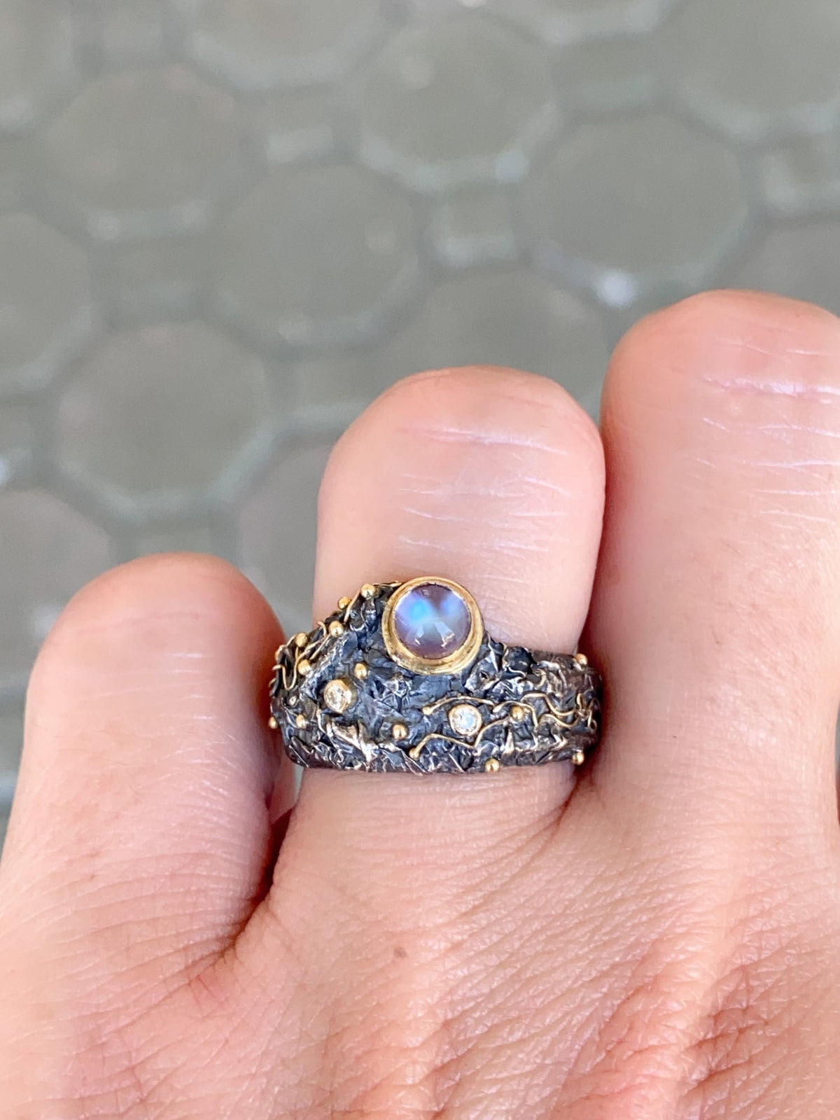 Unique Textured Wide Band Ring Moonstone Diamonds Sterling Silver 18K Gold R6645 Aurora Designer