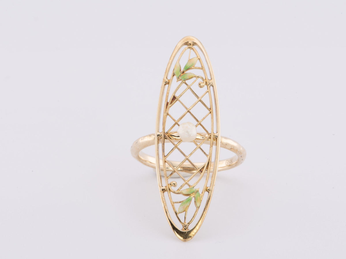 14K Gold Navette Ring Vintage Pin Conversion with Natural Pearl and Enamel R6647 Aurora Designer
