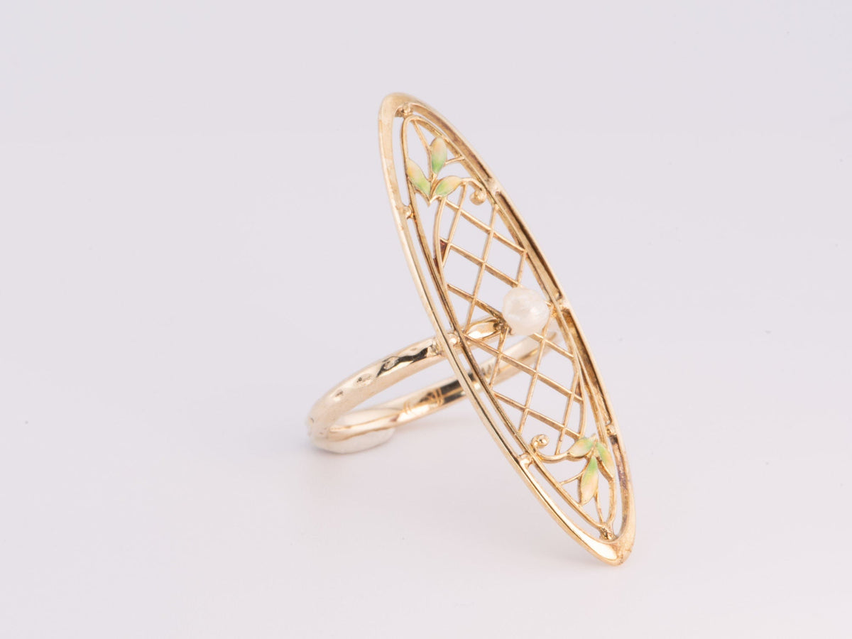 14K Gold Navette Ring Vintage Pin Conversion with Natural Pearl and Enamel R6647 Aurora Designer