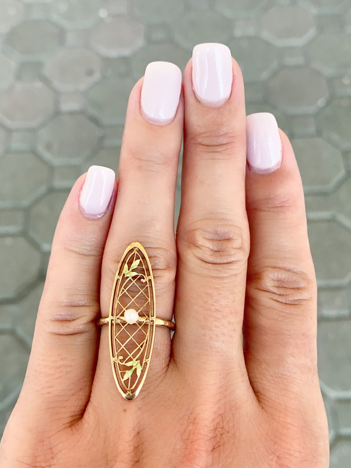 14K Gold Navette Ring Vintage Pin Conversion with Natural Pearl and Enamel R6647 Aurora Designer