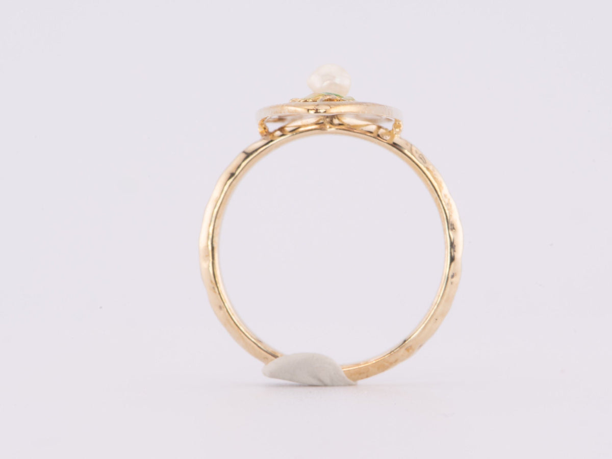 14K Gold Navette Ring Vintage Pin Conversion with Natural Pearl and Enamel R6647 Aurora Designer