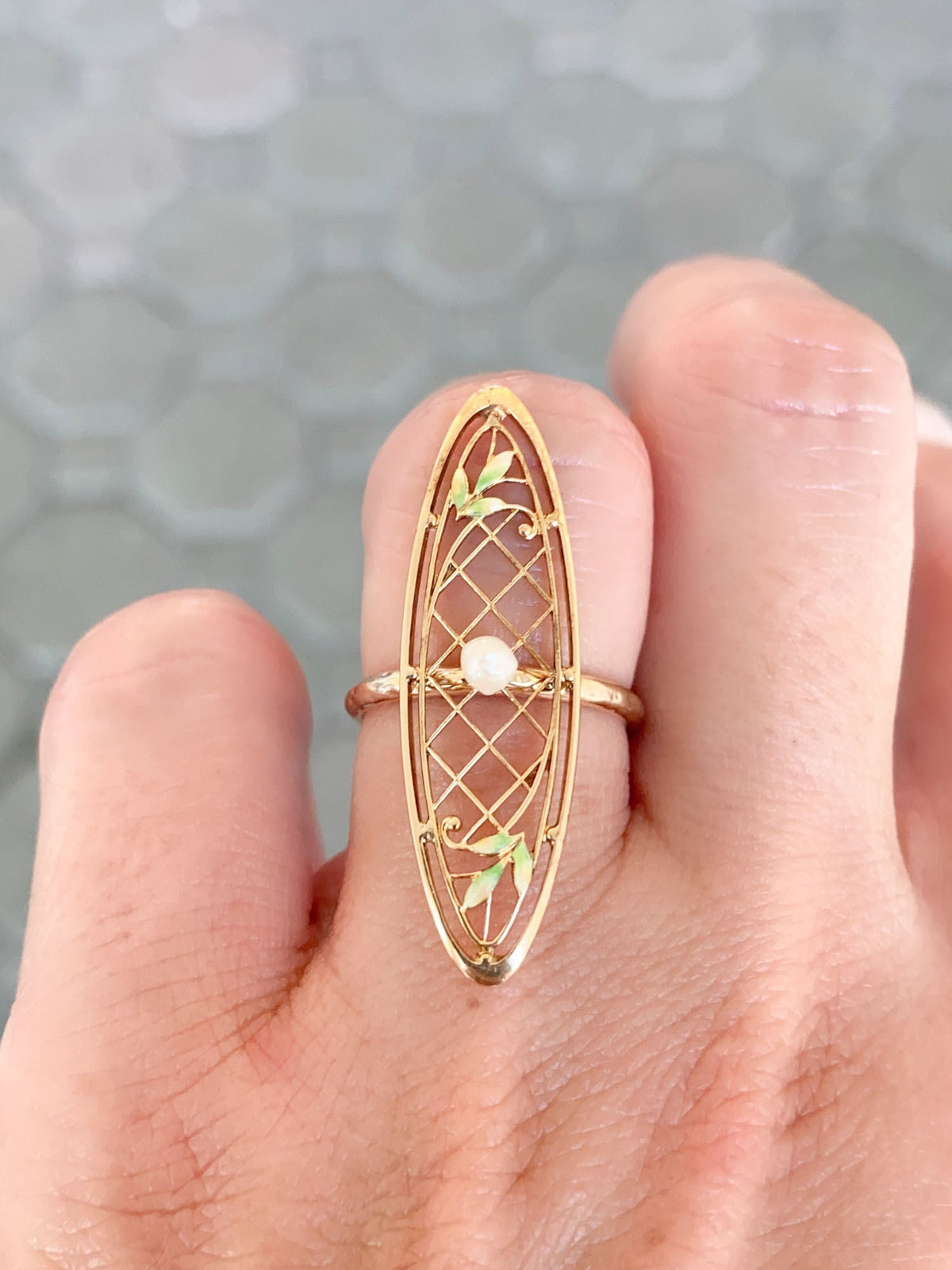 14K Gold Navette Ring Vintage Pin Conversion with Natural Pearl and Enamel R6647 Aurora Designer
