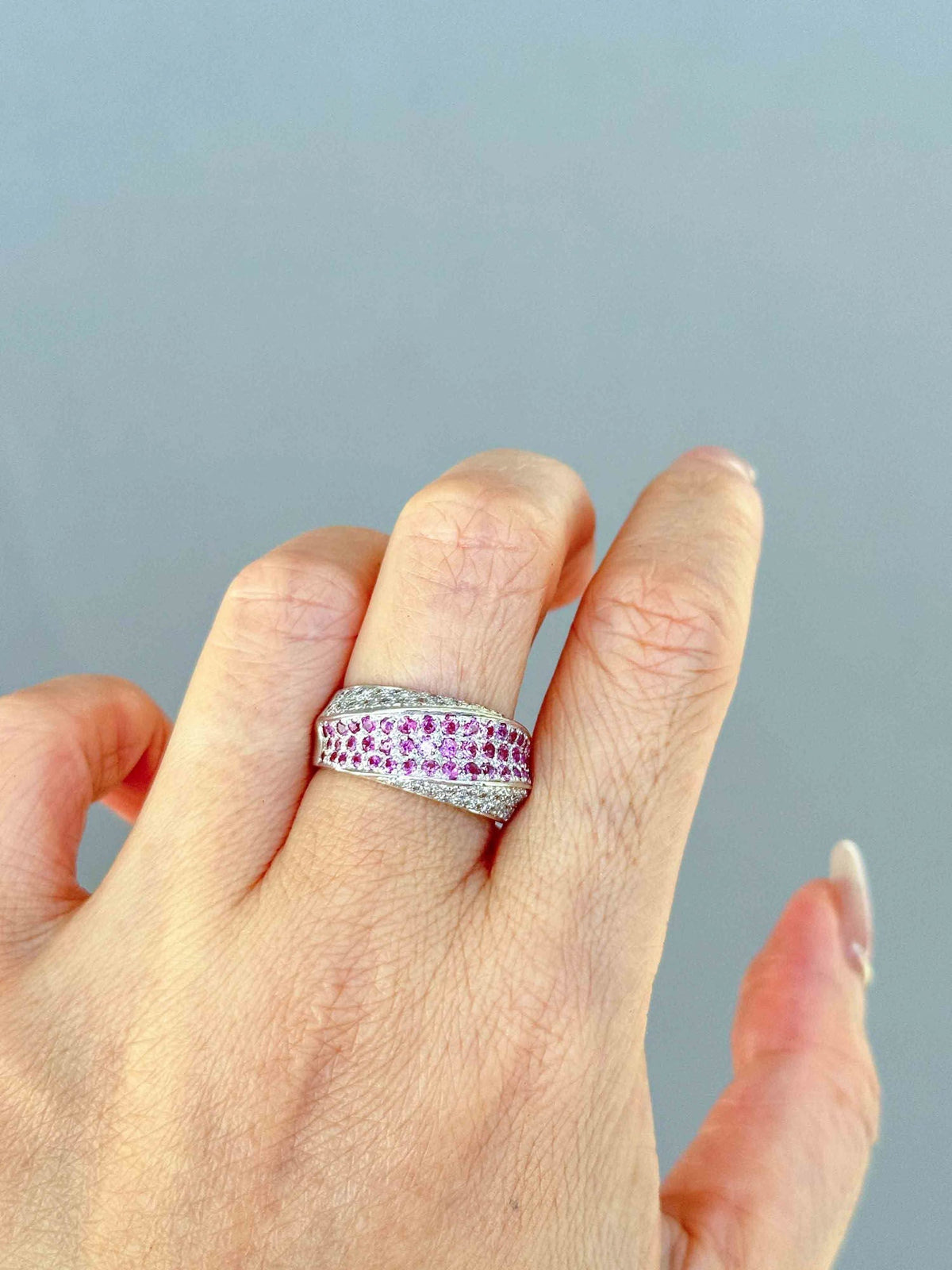 Dual Tone Three Dimensional Diamond and Pink Sapphire Pave Wide Band Ring 18K Gold PT900 8.1g V1130 Aurora Designer