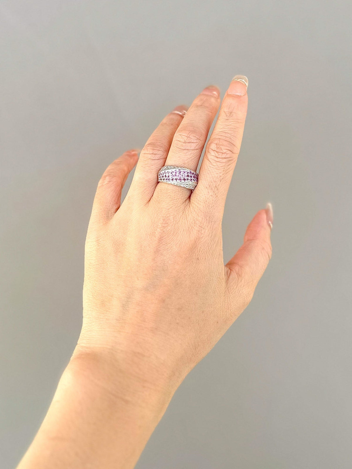Dual Tone Three Dimensional Diamond and Pink Sapphire Pave Wide Band Ring 18K Gold PT900 8.1g V1130 Aurora Designer