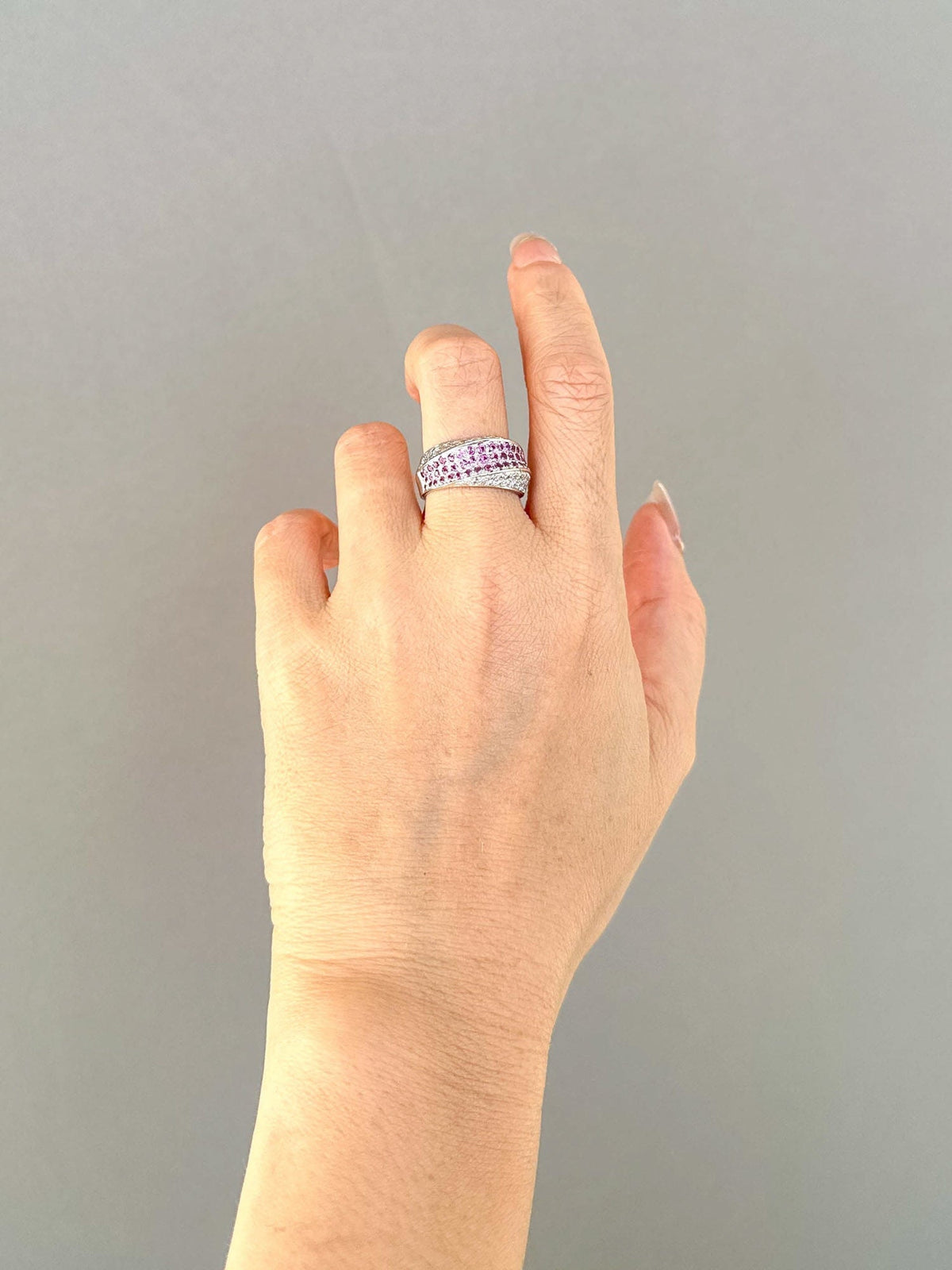 Dual Tone Three Dimensional Diamond and Pink Sapphire Pave Wide Band Ring 18K Gold PT900 8.1g V1130 Aurora Designer