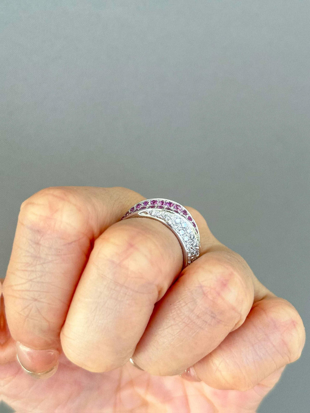 Dual Tone Three Dimensional Diamond and Pink Sapphire Pave Wide Band Ring 18K Gold PT900 8.1g V1130 Aurora Designer