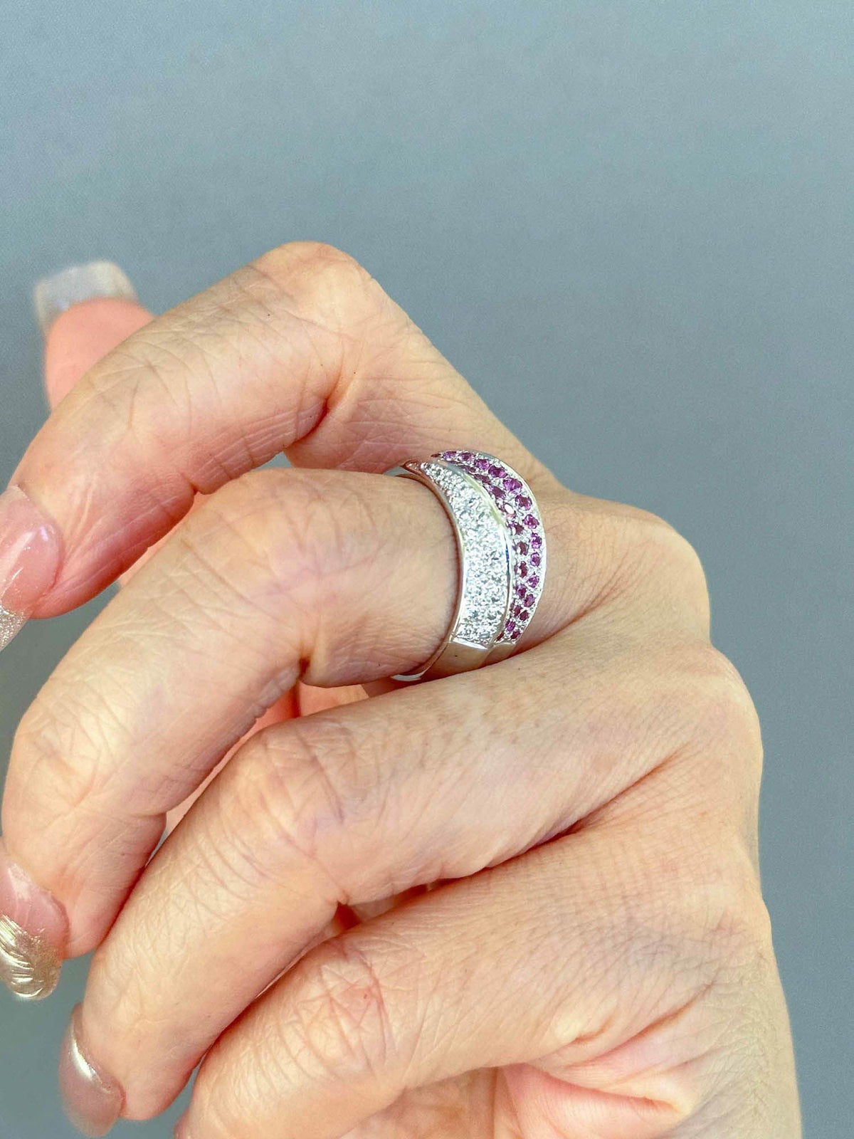 Dual Tone Three Dimensional Diamond and Pink Sapphire Pave Wide Band Ring 18K Gold PT900 8.1g V1130 Aurora Designer