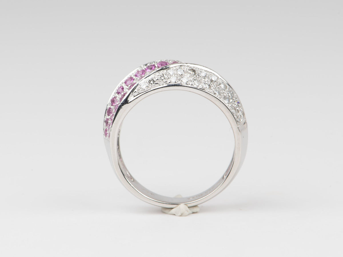 Dual Tone Three Dimensional Diamond and Pink Sapphire Pave Wide Band Ring 18K Gold PT900 8.1g V1130 Aurora Designer