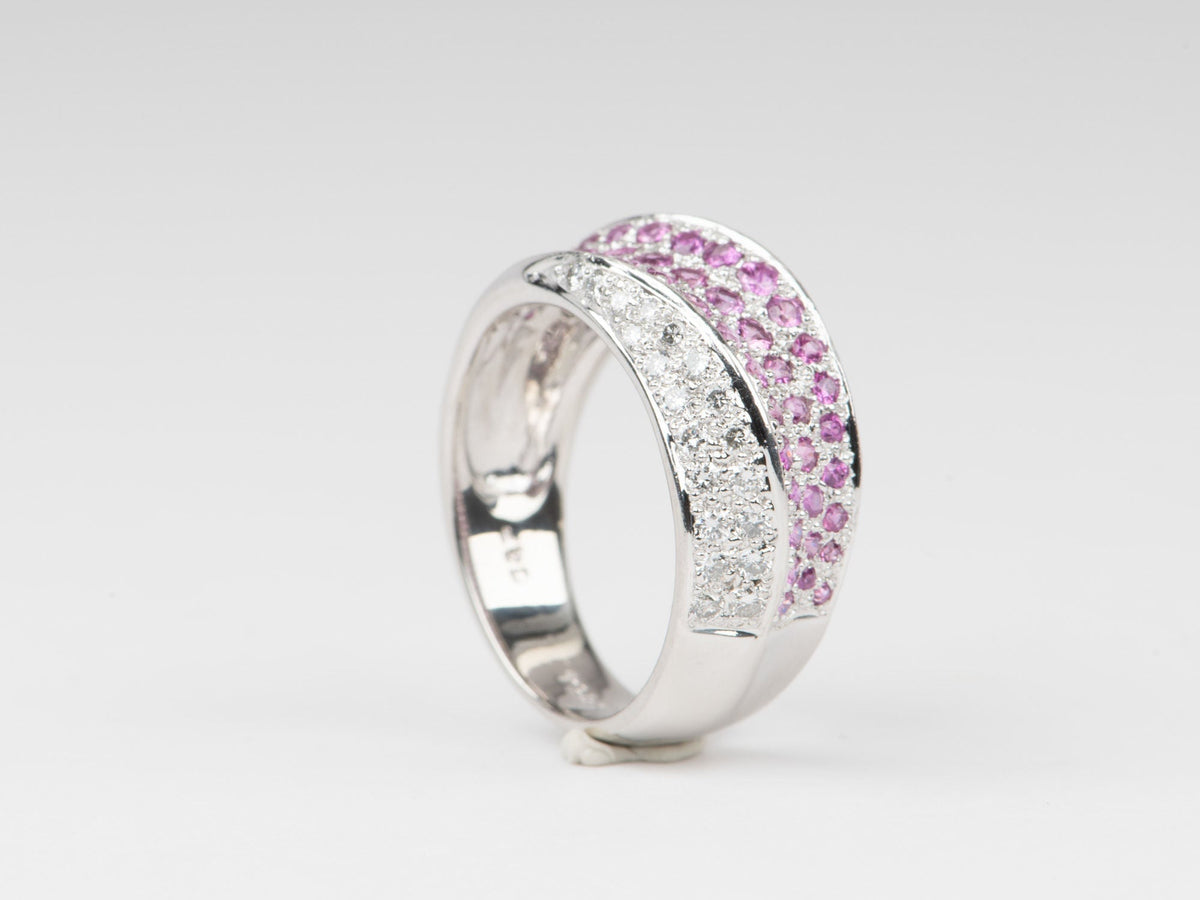 Dual Tone Three Dimensional Diamond and Pink Sapphire Pave Wide Band Ring 18K Gold PT900 8.1g V1130 Aurora Designer