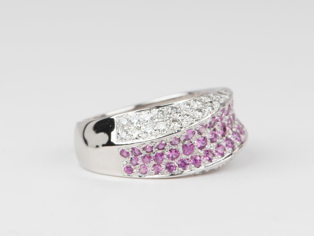 Dual Tone Three Dimensional Diamond and Pink Sapphire Pave Wide Band Ring 18K Gold PT900 8.1g V1130 Aurora Designer