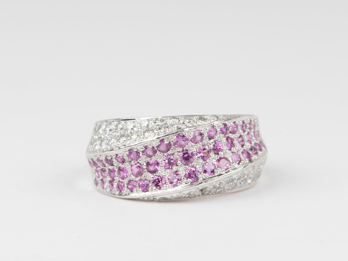 Dual Tone Three Dimensional Diamond and Pink Sapphire Pave Wide Band Ring 18K Gold PT900 8.1g V1130 Aurora Designer