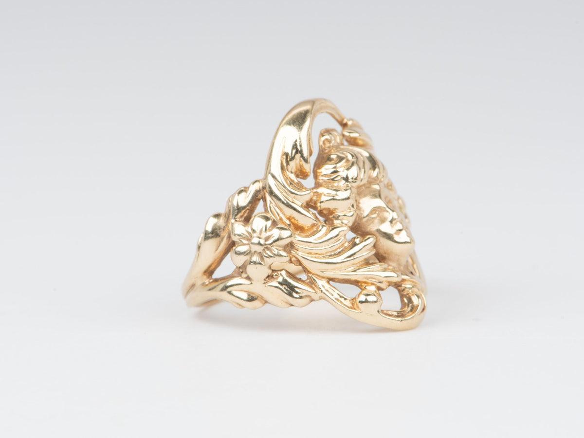 Vintage Jewelry Art Nouveau Floral Woman Ring 14K Gold 7g V1100 Aurora Designer