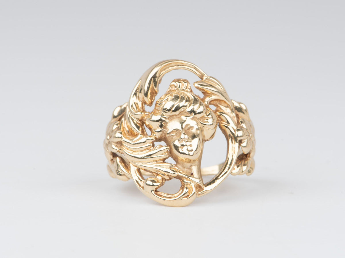Vintage Jewelry Art Nouveau Floral Woman Ring 14K Gold 7g V1100 Aurora Designer