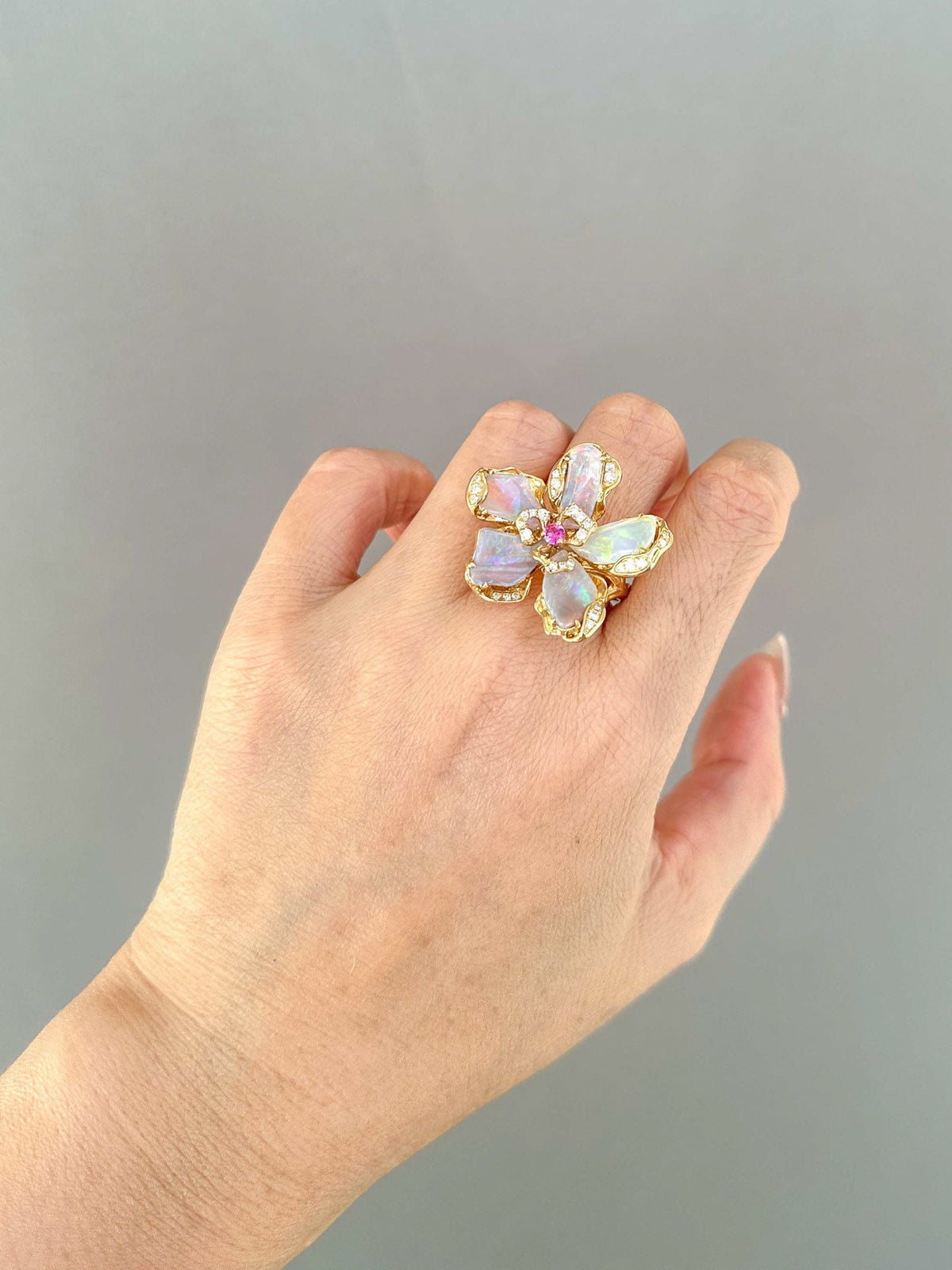 Solid Australian Opal Organic Flower Ring Pendant Conversion 18K Gold ~11g R6654 Aurora Designer
